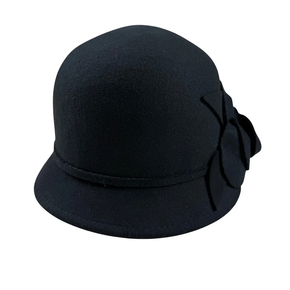 Women's Nine West Wool Black Cloche Hat with‎ Flower Felt Accent